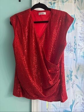 Grace Karin Red Sequin Draped V-Neck Sleeveless Top